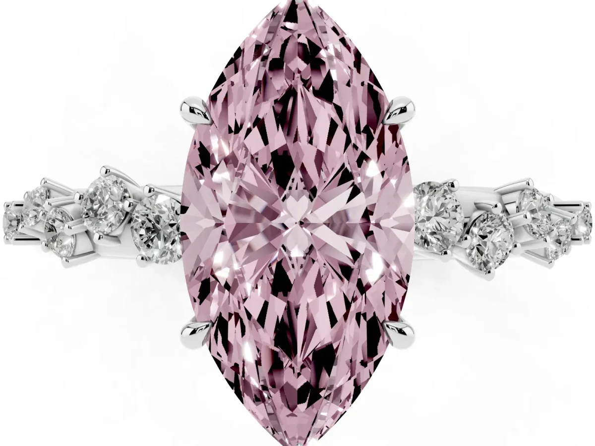 Fancy Pink Marquise Cut Diamond Cluster Side Stone Solitaire Ring with Prong Setting Silver