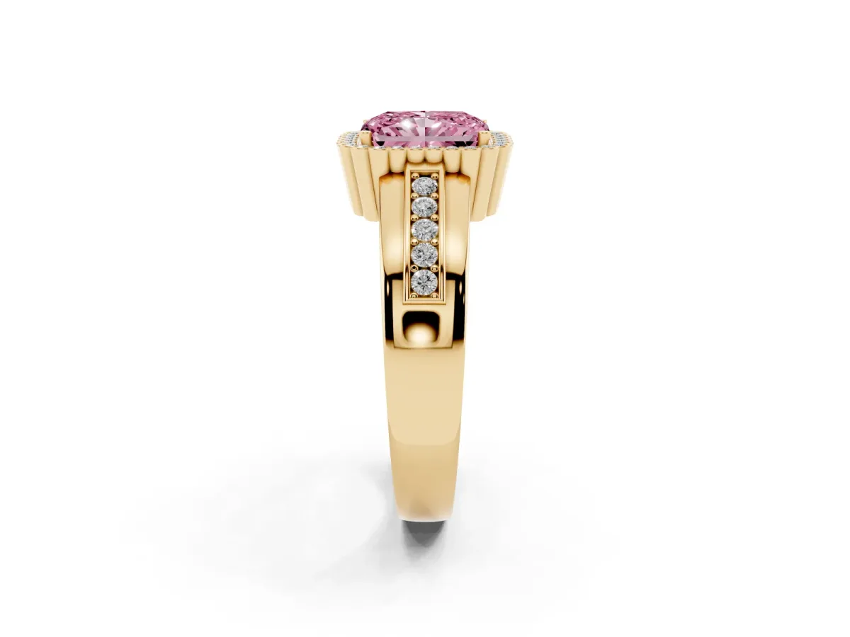 Fancy Pink Radiant Cut Cut Halo Pave Band Four-Prong Ring Yellow gold