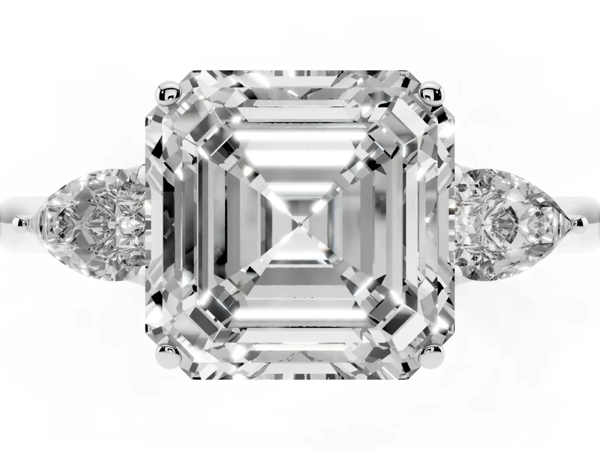 Three-Stone Asscher Cut Brilliant Diamond Solitaire Ring with Tapered Band and Four-Prong Setting Silver