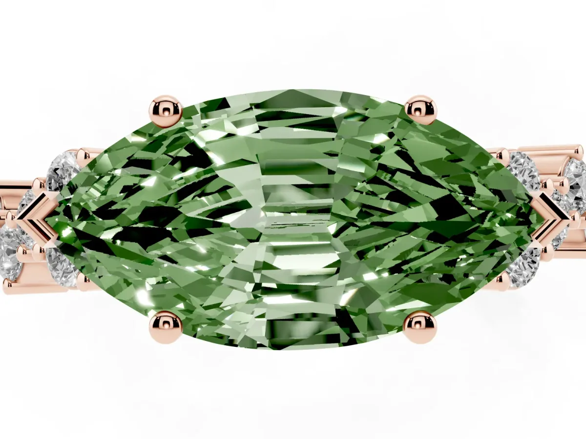 Fancy Green Marquise Cut Diamond Scattered Round Accent Ring with Prong Setting Rose gold