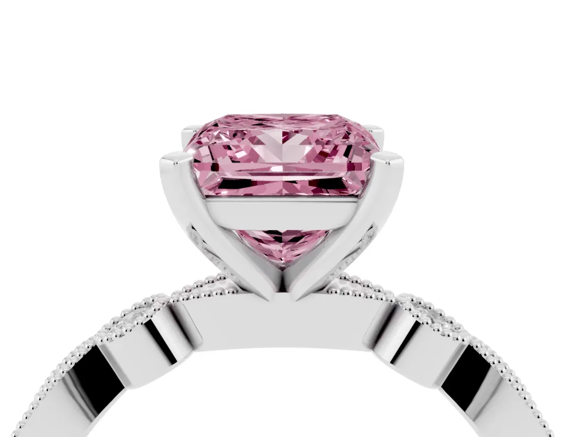 Fancy Pink Princess Cut Milgrain Bezel Diamond Engagement Ring with Solitaire Prong Setting Silver