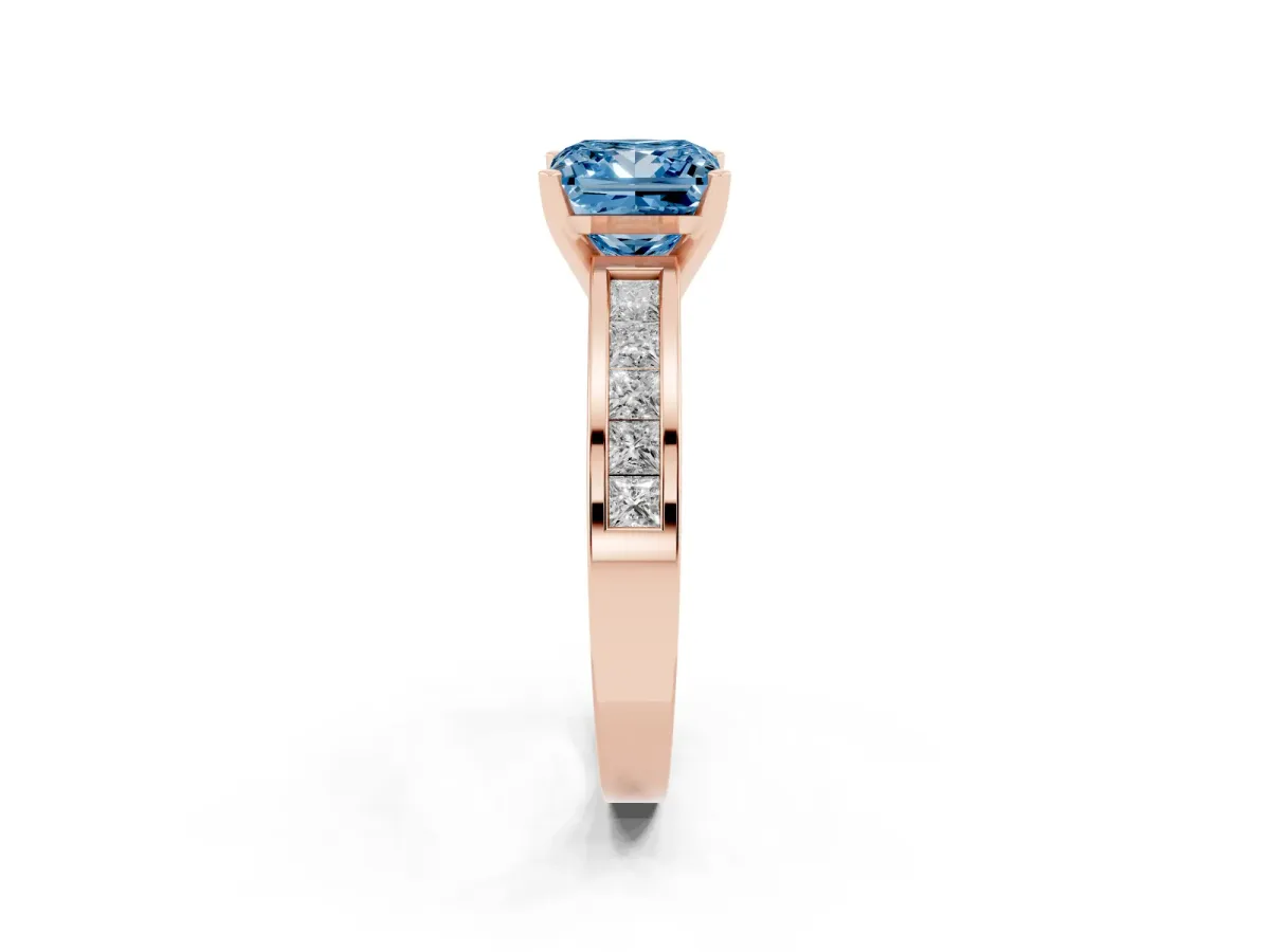 Fancy Blue Princess Cut Solitaire Diamond Ring with Channel-Set Band and Four-Prong Setting Rose gold