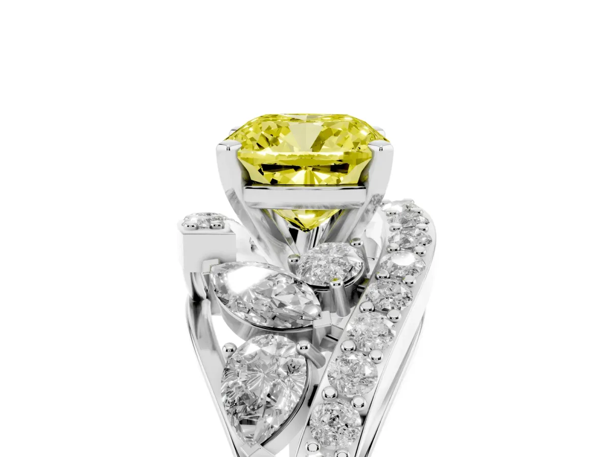 Fancy Yellow Cushion Cut Diamond Halo Ring with Marquise and Pavé Band in Prong Setting Silver