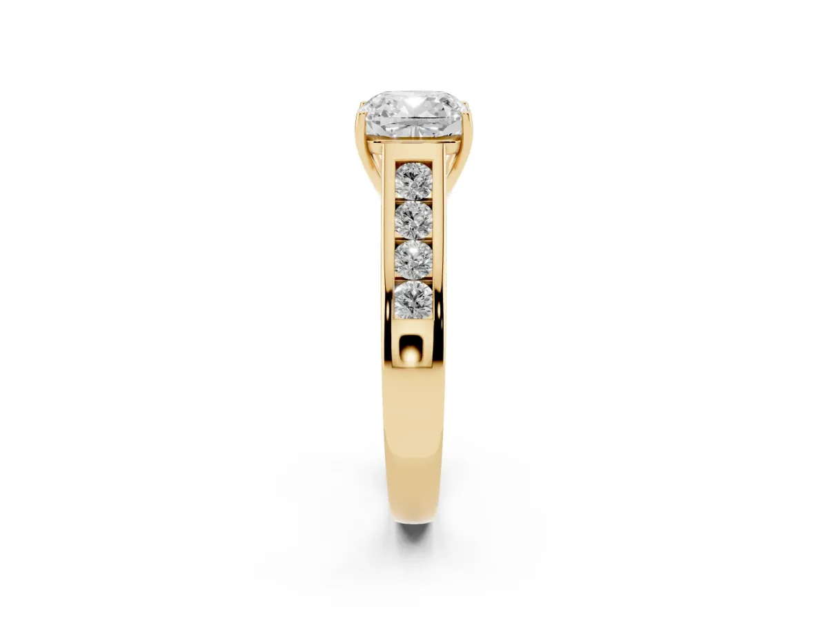Cushion Cut Brilliant Channel-Set Solitaire Ring with Four-Prong Setting Yellow gold