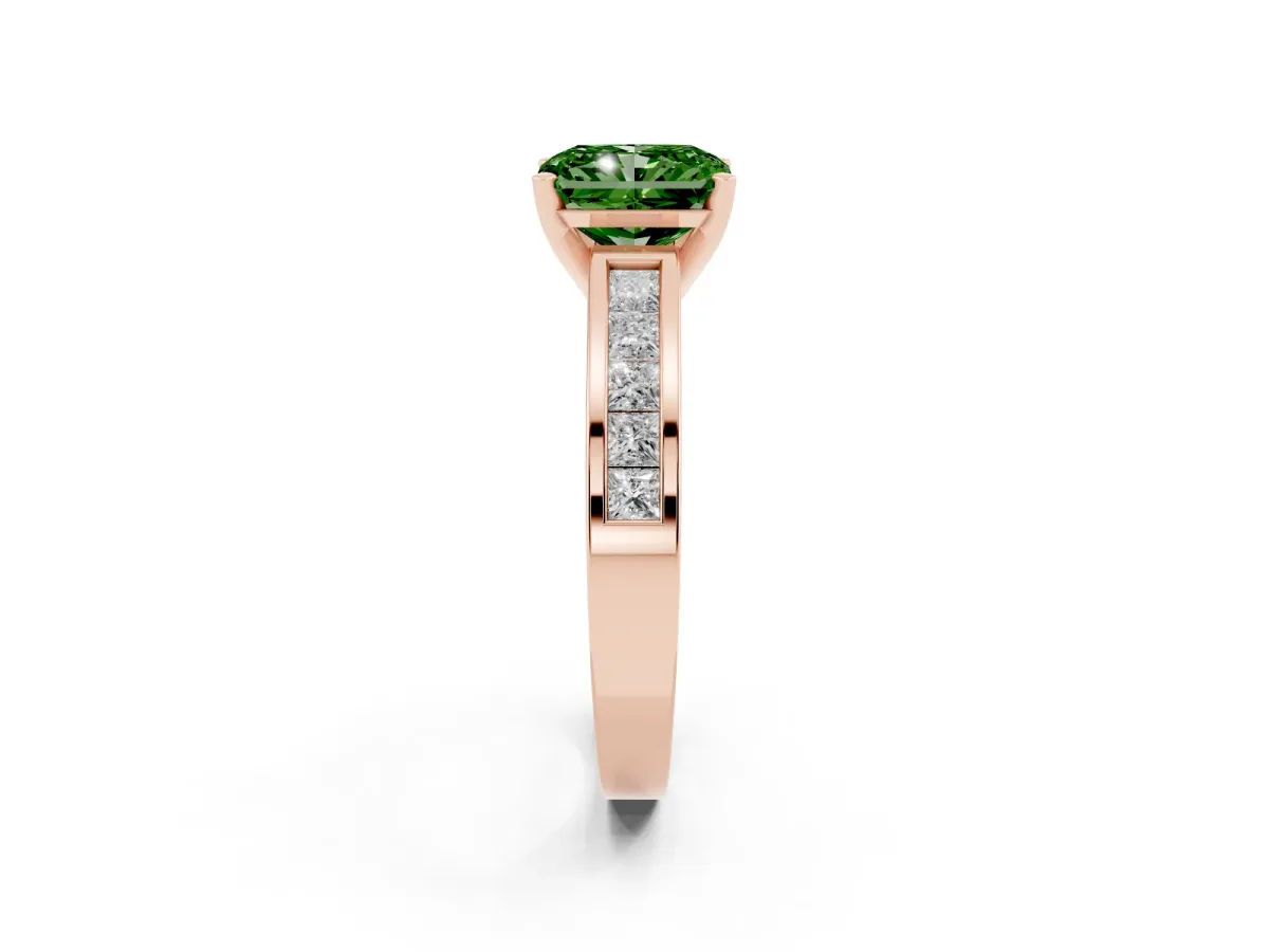 Fancy Green Radiant Cut Solitaire Diamond Ring with Channel-Set Band and Four-Prong Setting Rose gold