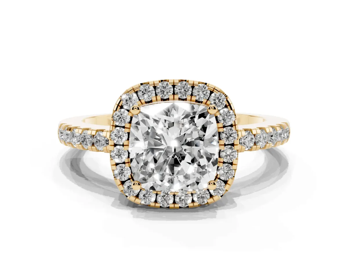 Cushion Cut Halo Diamond Engagement Ring with Pavé Band and Four-Prong Setting Yellow gold
