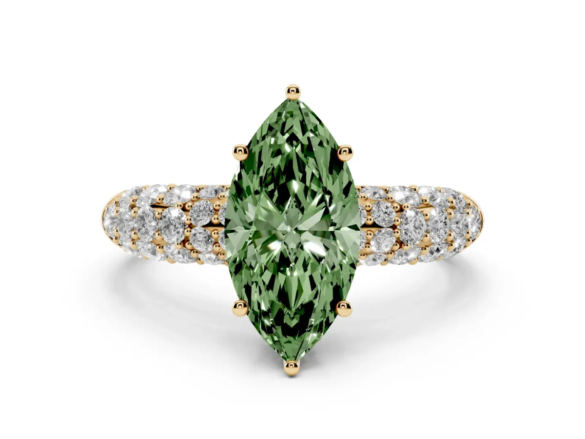 Fancy Green Marquise Cut Diamond Pavé Band Solitaire Ring with Four-Prong Setting Yellow gold