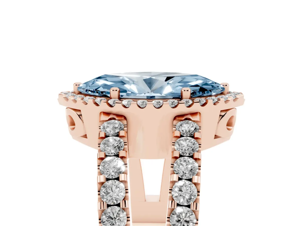 Fancy Blue Marquise Cut Cut Halo Split Shank Diamond Ring with Four-Prong Setting Rose gold