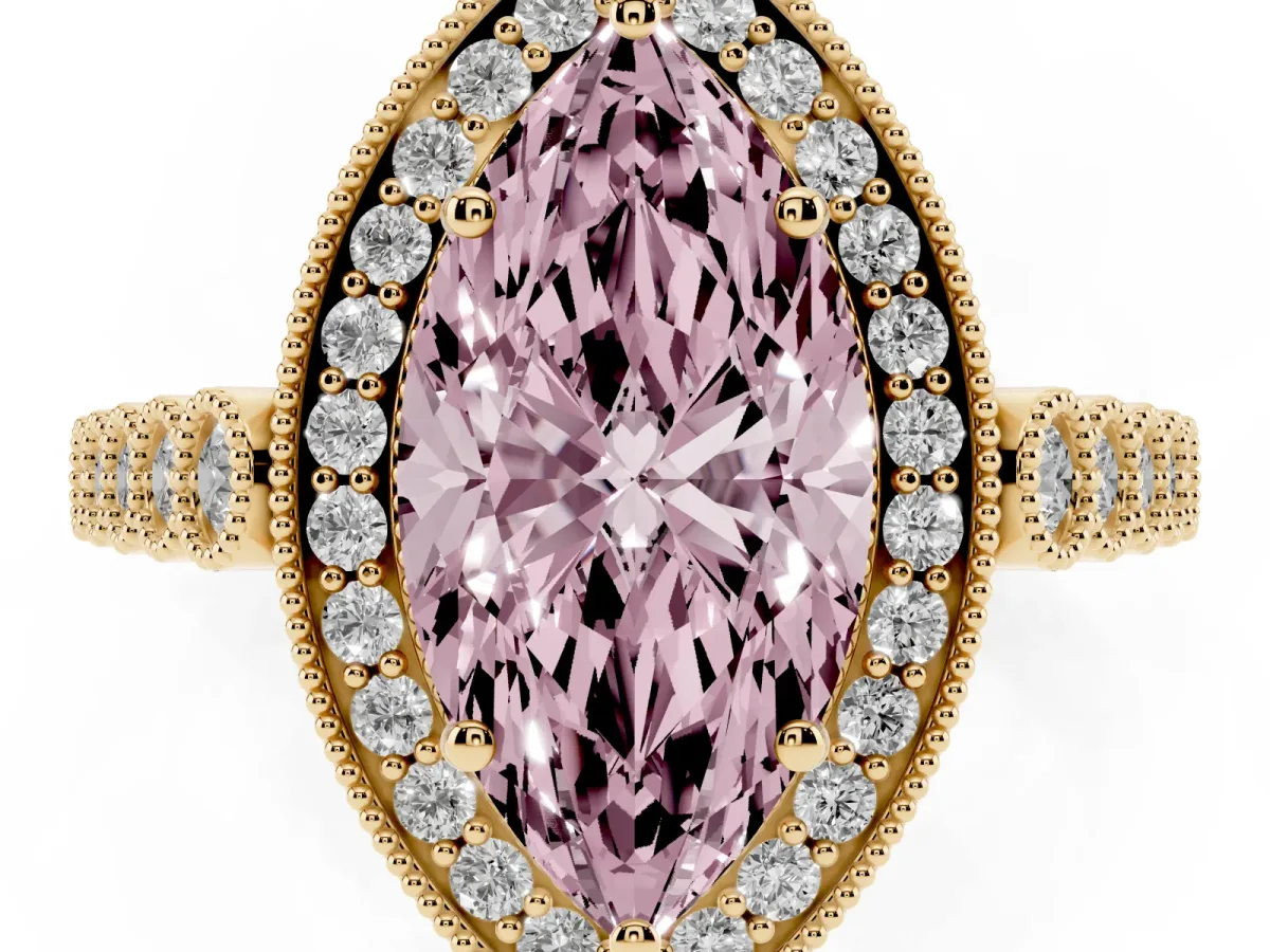 Fancy Pink Marquise Cut Halo Milgrain Solitaire with Bezel Set Side Stones and Pave Band Yellow gold
