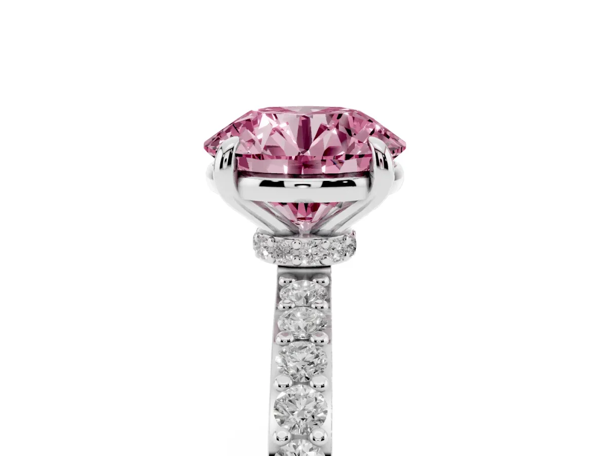Fancy Pink Round Cut Diamond Pavé Engagement Ring with Round Accents and Prong Setting Silver