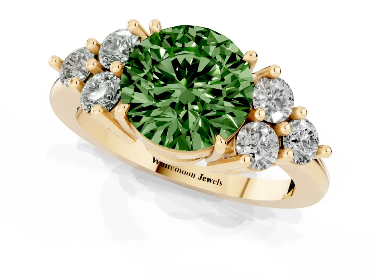 Fancy Green Round Cut Brilliant Diamond Cluster Accent Solitaire Ring with Prong Setting Yellow gold