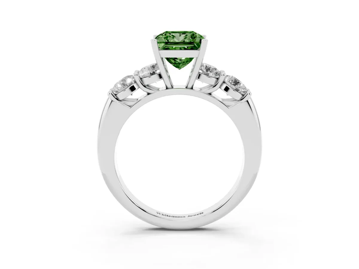 Fancy Green Princess Cut Cut Five-Stone Prong Set Diamond Ring with Classic Band Silver