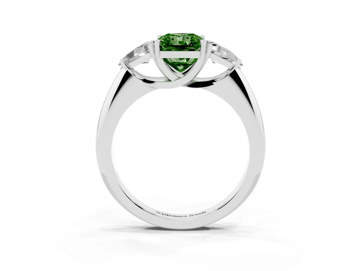 Fancy Green Three-Stone Radiant Cut Diamond Engagement Ring with Trillion Side Stones and Prong Setting Silver