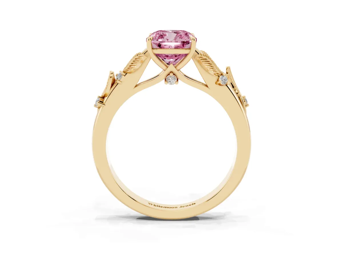 Fancy Pink Cushion Cut Diamond Solitaire Ring with Leaf Motif Band and Four-Prong Setting Yellow gold