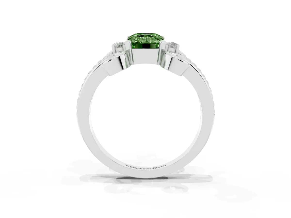 Fancy Green Emerald Cut Solitaire Twisted Band Scroll Prong Ring Silver