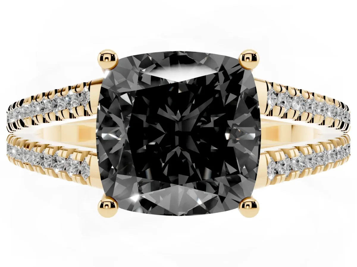 Fancy Black Cushion Cut Diamond Solitaire Engagement Ring with Split Shank Pavé Band Yellow gold