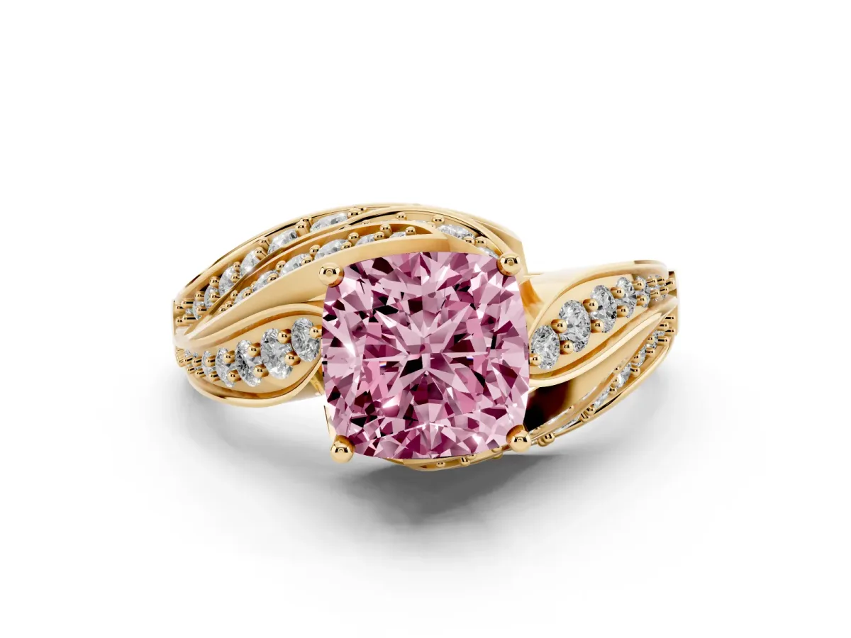 Fancy Pink Cushion Cut Diamond Solitaire Ring with Prong Setting and Twisted Pavé Band Yellow gold