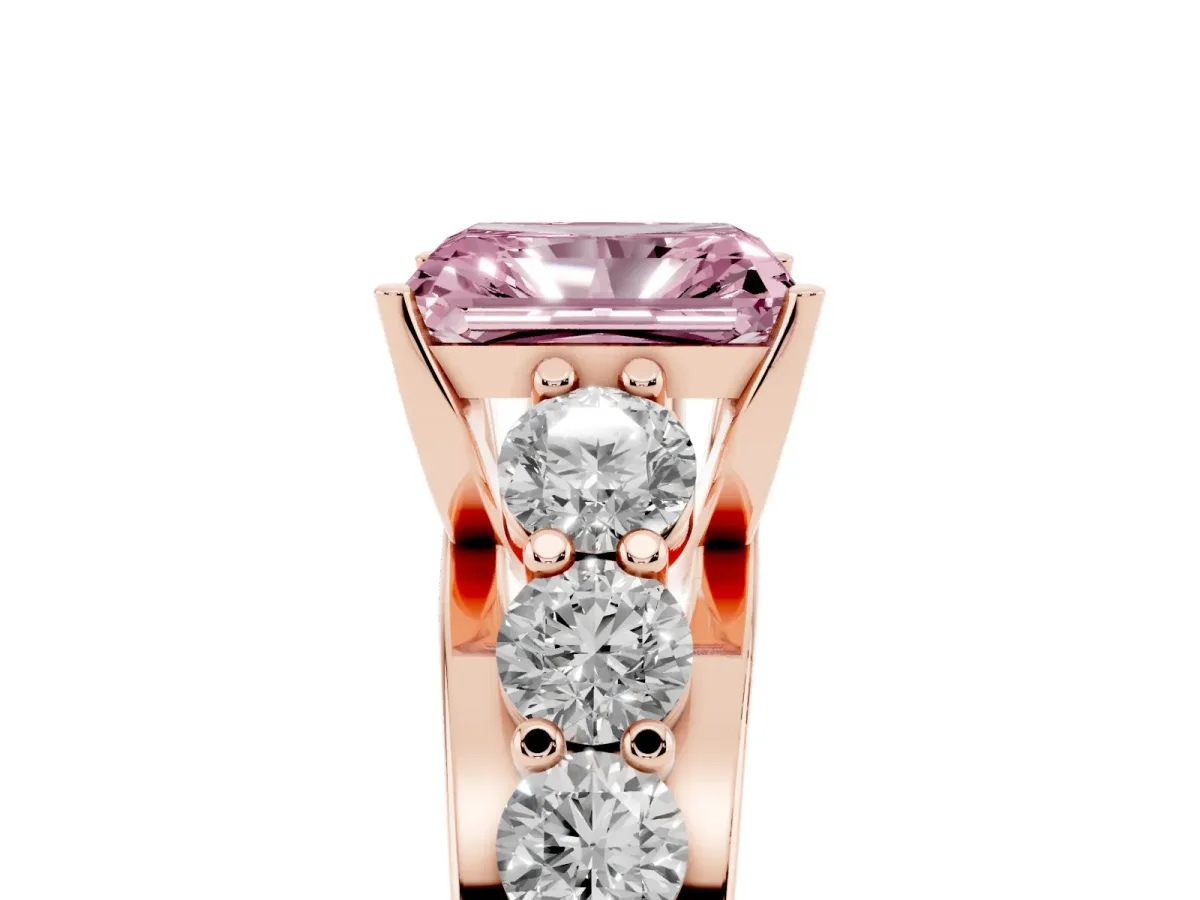 Fancy Pink Radiant Cut Diamond Engagement Ring with Pavé Band and Four-Prong Setting Rose gold