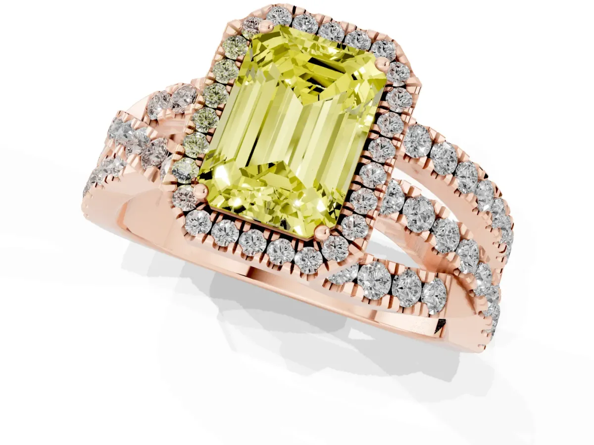 Fancy Yellow Emerald Cut Diamond Halo Ring with Round Split Shank and Prong Setting Rose gold