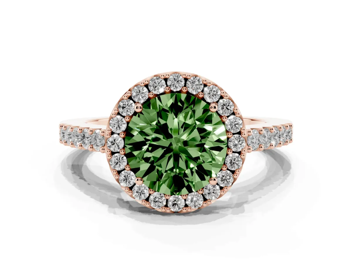 Fancy Green Round Cut Halo Diamond Pavé Solitaire Ring Rose gold