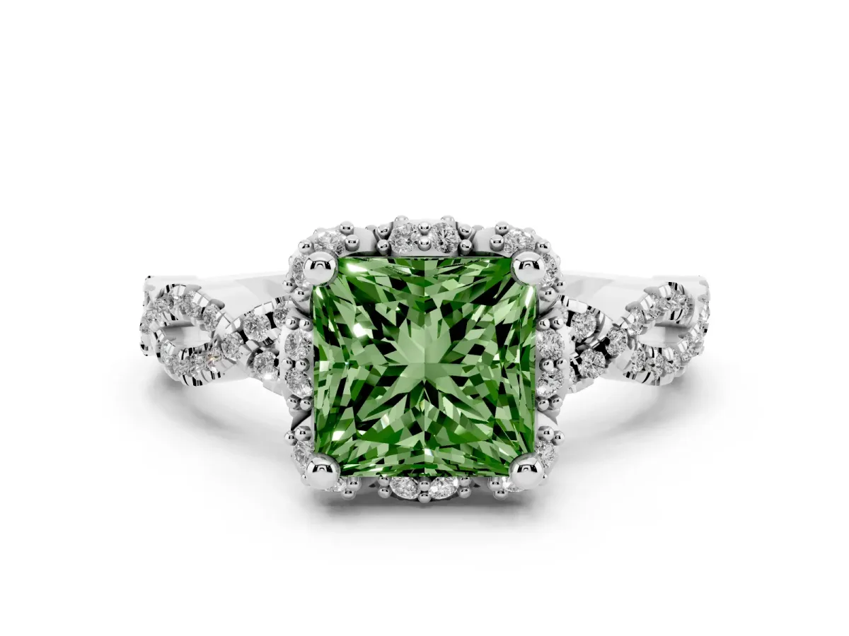 Fancy Green Princess Cut Halo Twist Band Solitaire Ring with Six-Prong Setting Silver