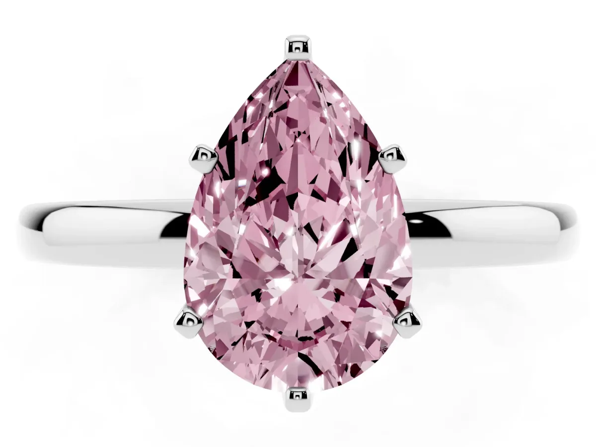 Fancy Pink Pear Cut Solitaire Diamond Ring with Six-Prong Setting on a Classic Band Silver