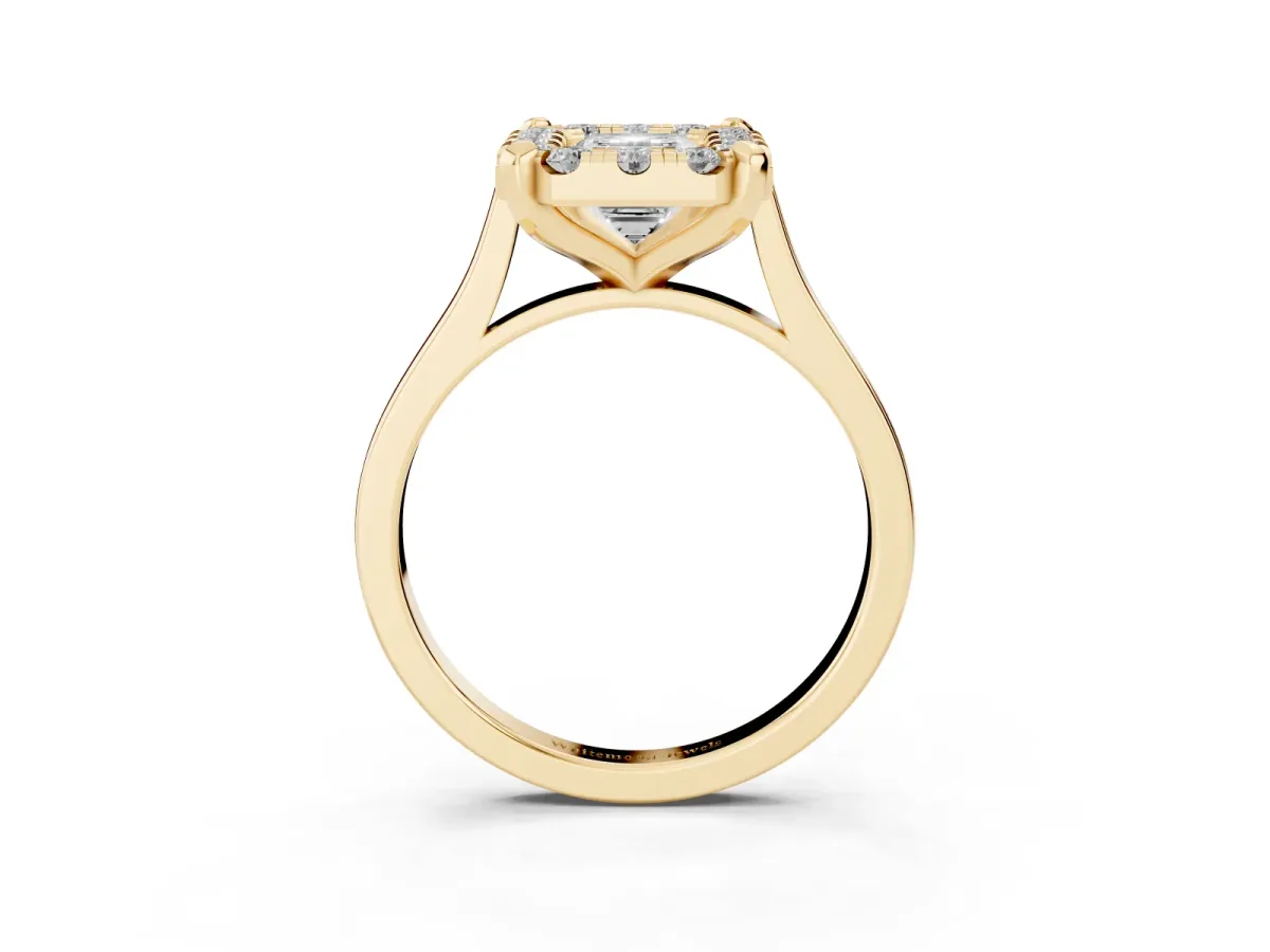 Emerald Cut Diamond Cluster Halo Solitaire with Four-Prong Setting Yellow gold