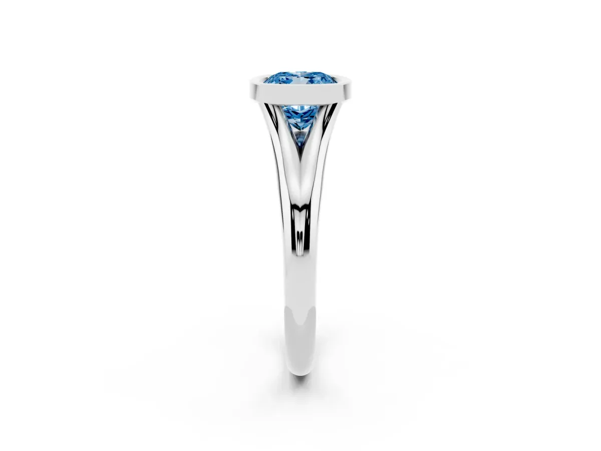 Fancy Blue Bezel Set Cushion Cut Solitaire Diamond Ring with Smooth Band Platinum