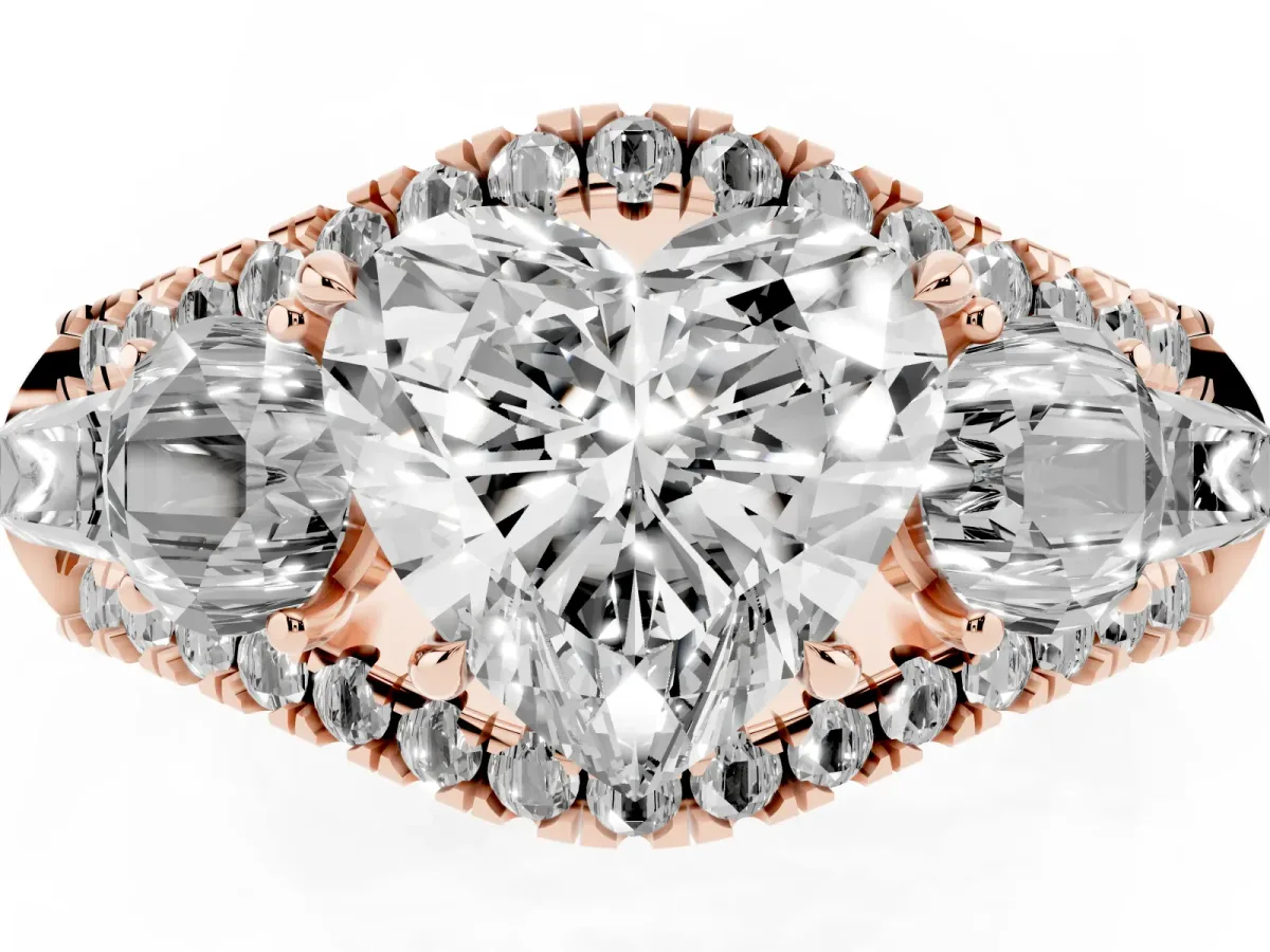 Three-Stone Heart Cut Diamond Engagement Ring with Pave Band and Prong Setting Rose gold