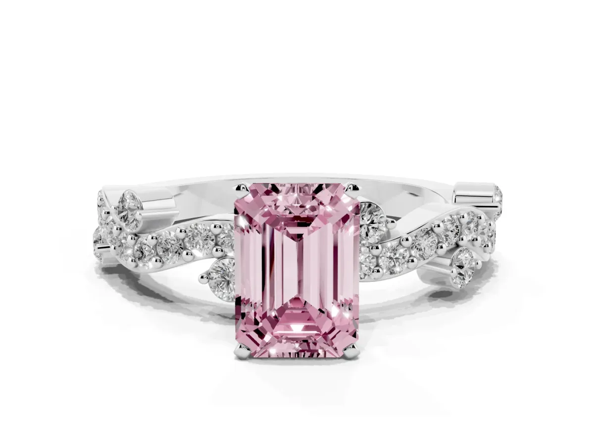Fancy Pink Emerald Cut Cut Solitaire Diamond Twisted Band with Pave Setting Platinum