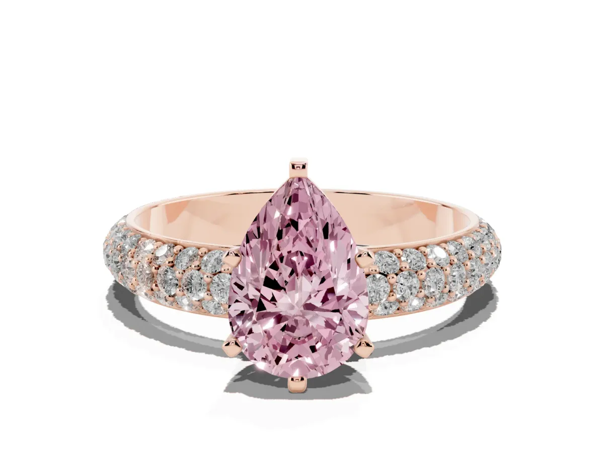 Fancy Pink Pear Cut Diamond Solitaire Ring with Prong Setting and Pavé Band Rose gold