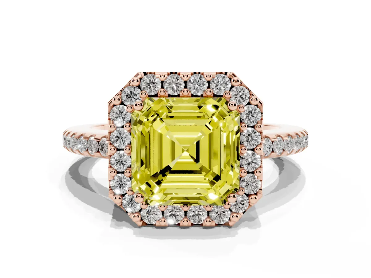 Fancy Yellow Asscher Cut Diamond Pavé Halo Ring with Four-Prong Setting Rose gold
