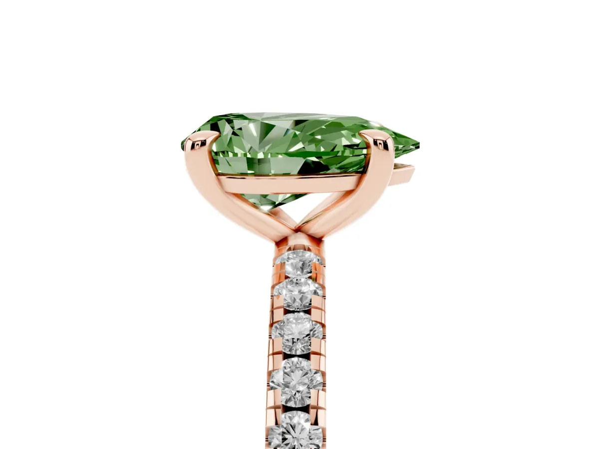 Fancy Green Pear Cut Diamond Brilliant Solitaire Ring with Pavé Band and Four-Prong Setting Rose gold