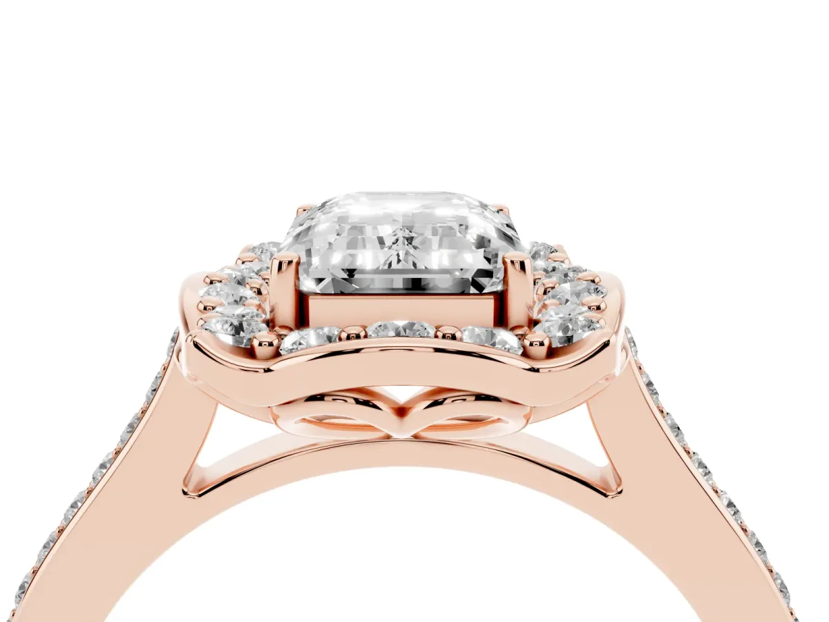 Emerald Cut Halo Round Diamond Pave Band with Four-Prong Setting Rose gold
