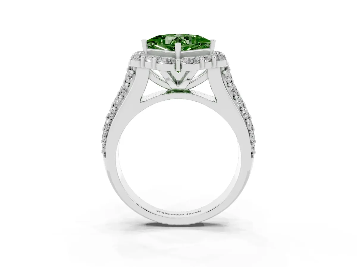 Fancy Green Princess Cut Halo Diamond Engagement Ring with Split Shank and Prong Setting Silver