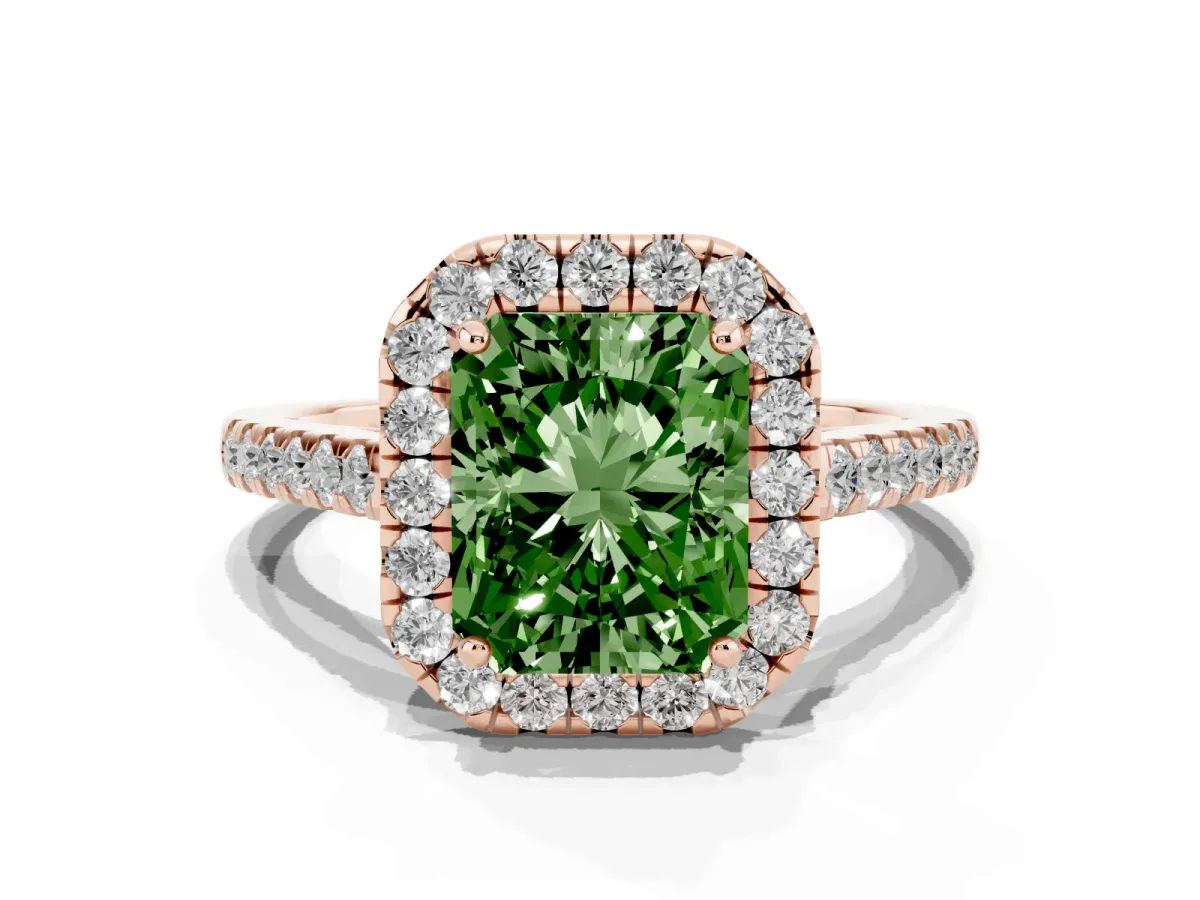 Fancy Green Radiant Cut Halo Pave Diamond Engagement Ring with Four-Prong Setting Rose gold