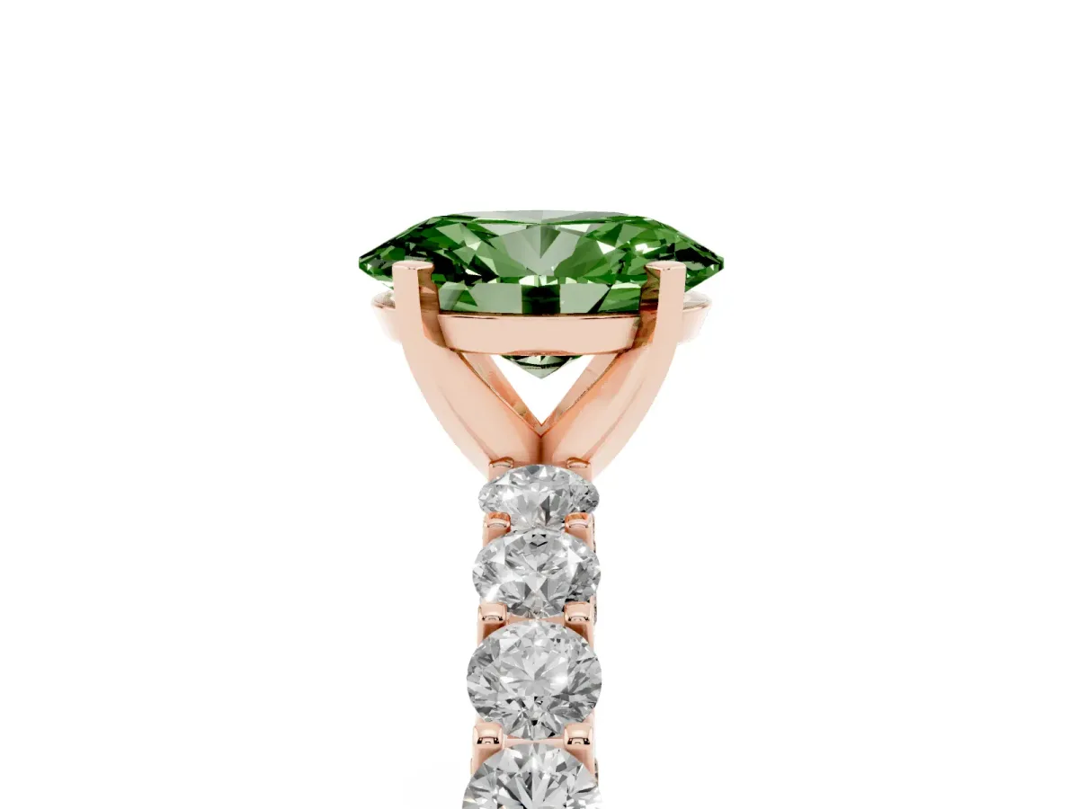 Fancy Green Oval Cut Diamond Solitaire Ring with Shared Prong Pavé Band and Four-Prong Setting Rose gold