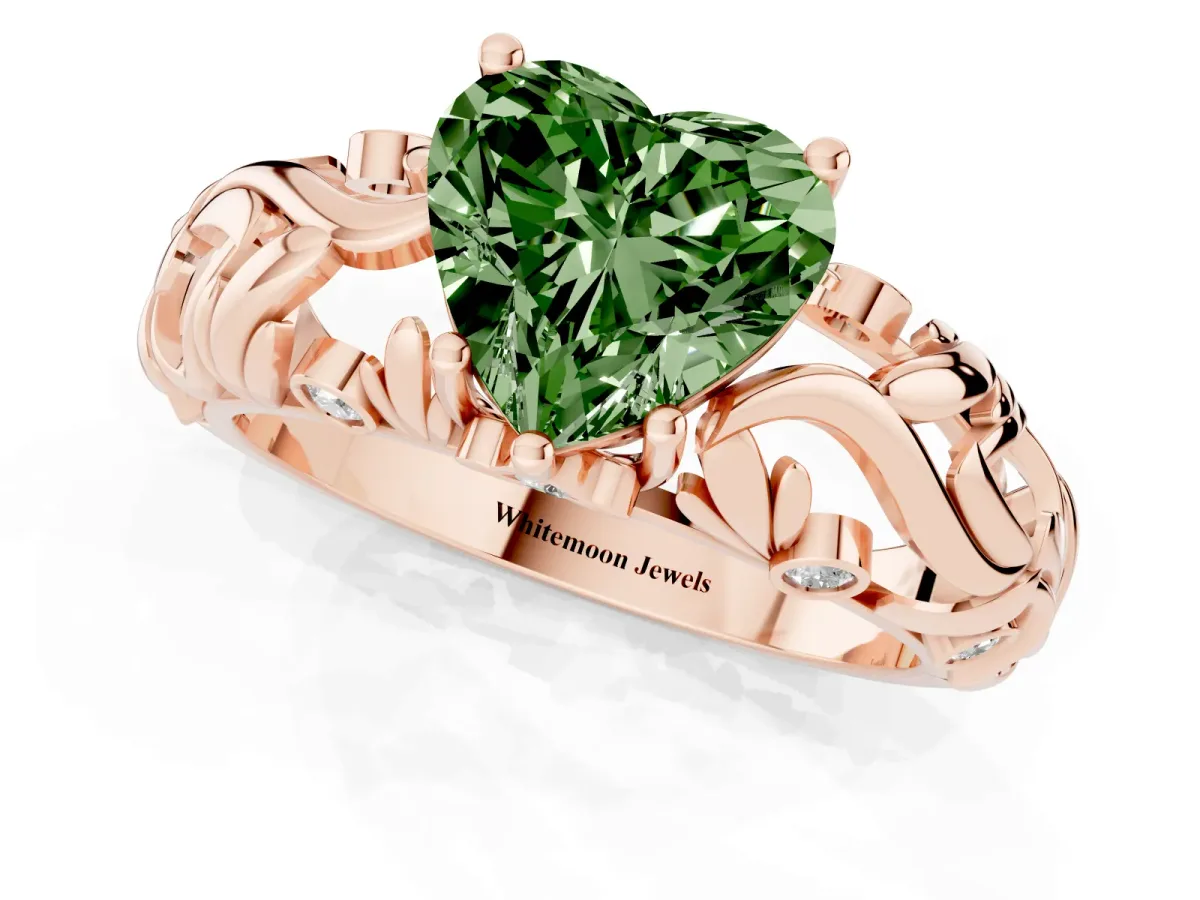 Fancy Green Heart Cut Solitaire Diamond Leaf-Inspired Vine Band Ring with Prong Setting Rose gold