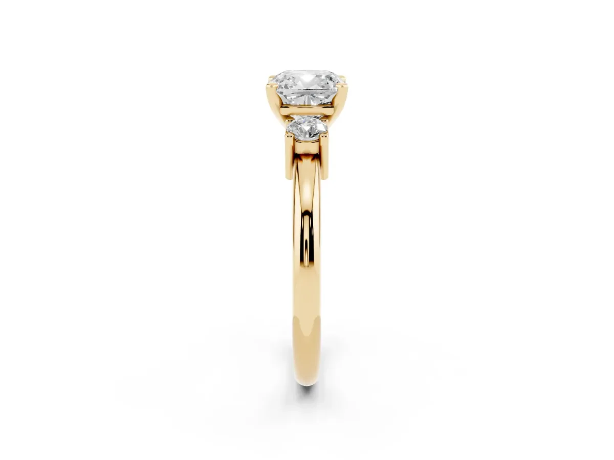Three-Stone Cushion Cut Cut Diamond Solitaire with Prong Setting and Classic Band Yellow gold