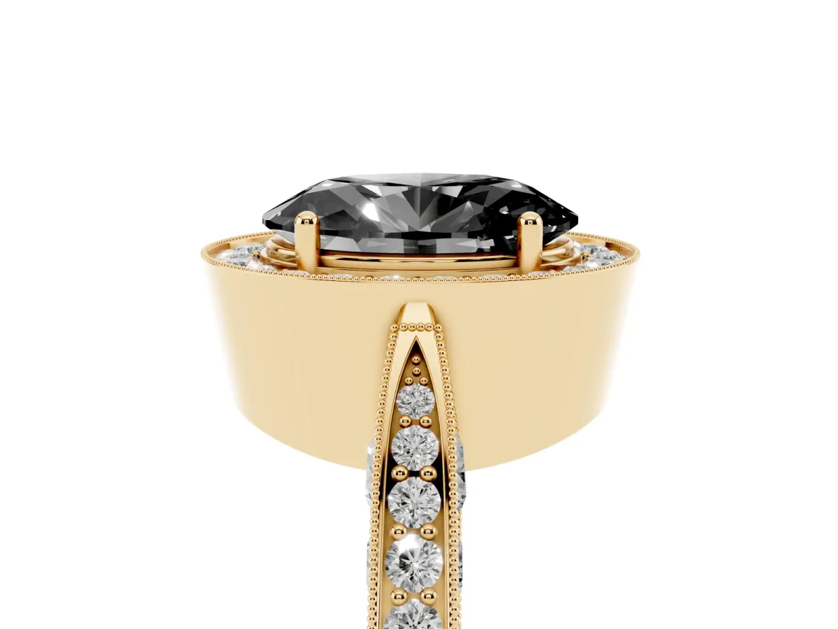 Fancy Black Oval Cut Halo Diamond Engagement Ring with Split Shank Band and Four-Prong Setting Yellow gold