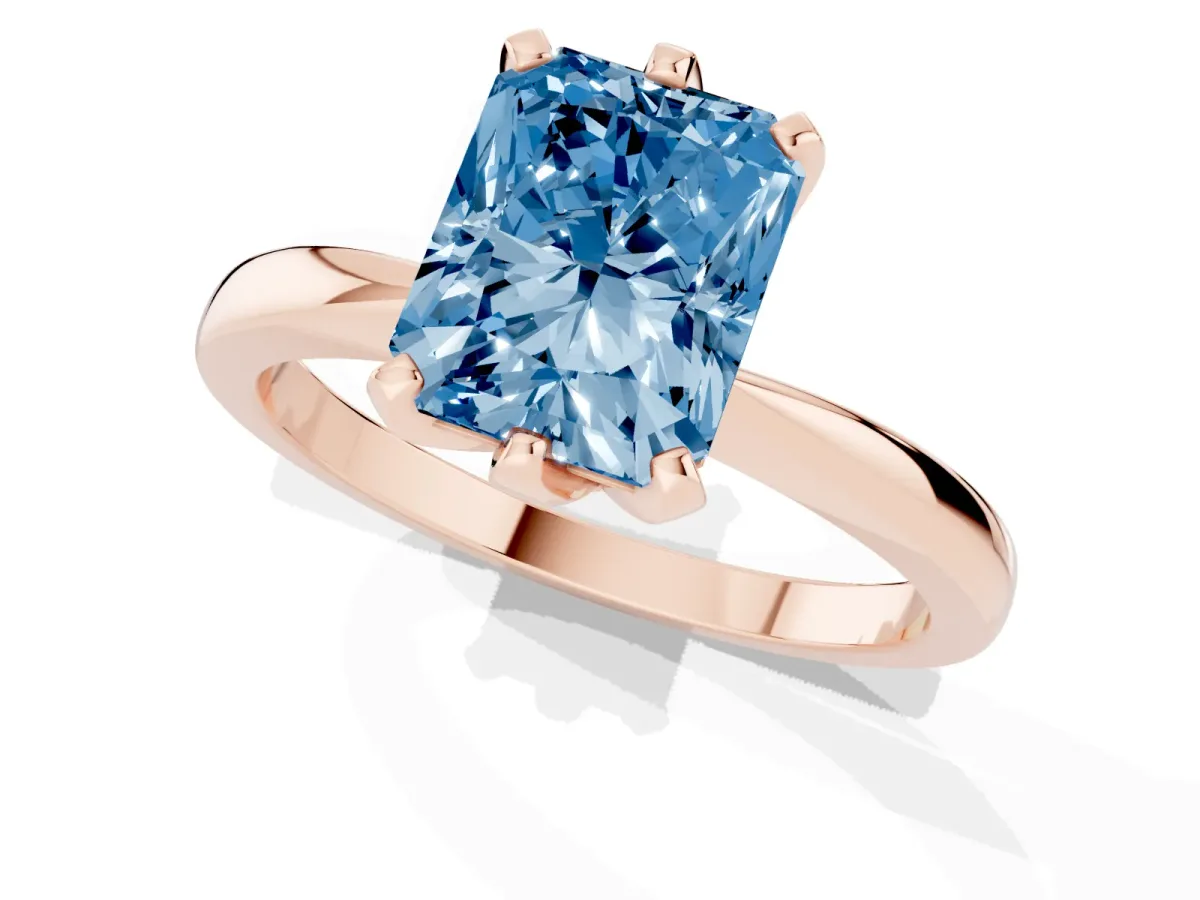 Fancy Blue Radiant Cut Solitaire Engagement Ring with Six-Prong Setting and Tapered Band Rose gold