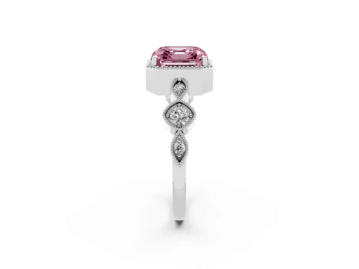 Fancy Pink Asscher Cut Diamond Vintage Milgrain Ring with Round Stations Platinum