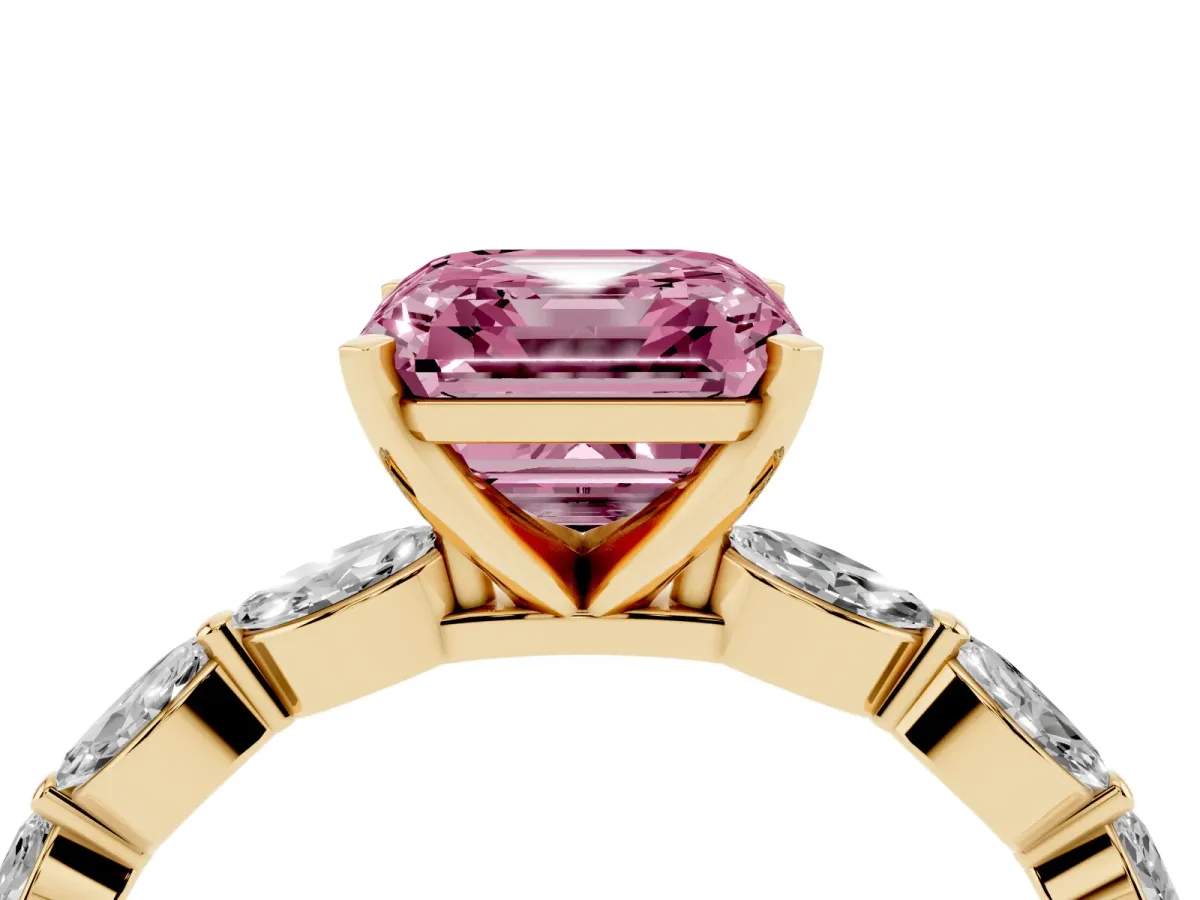 Fancy Pink Asscher Cut Diamond Ring with Marquise Side Stones and Prong Setting Yellow gold