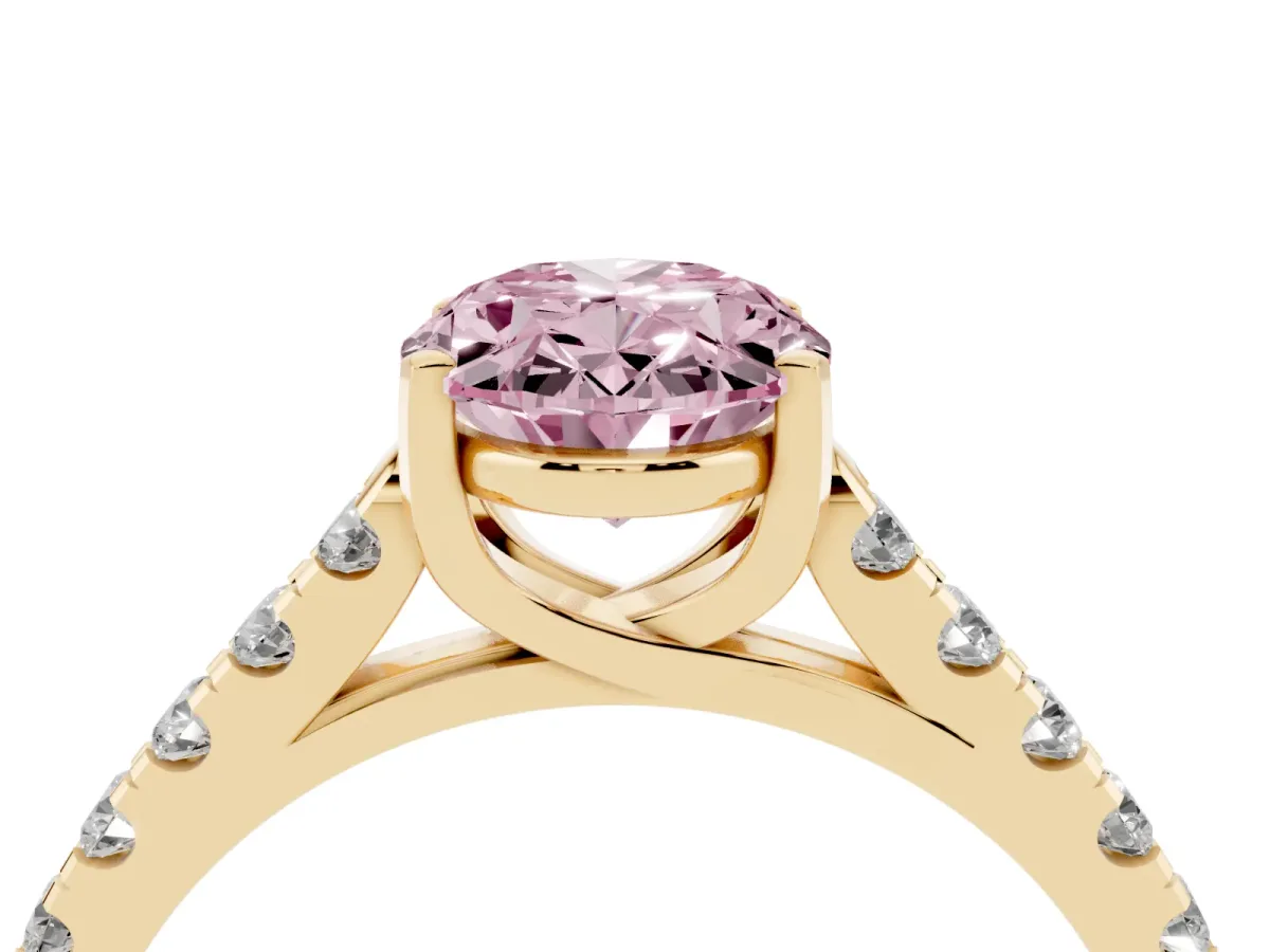 Fancy Pink Oval Cut Diamond Pavé Band Solitaire Ring with Prong Setting Yellow gold