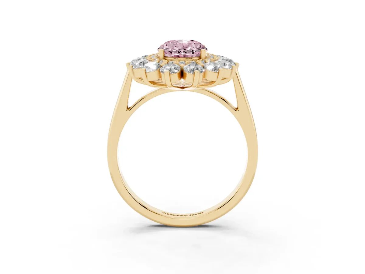 Fancy Pink Oval Cut Diamond Floral Double Halo Engagement Ring with Prong Setting Yellow gold