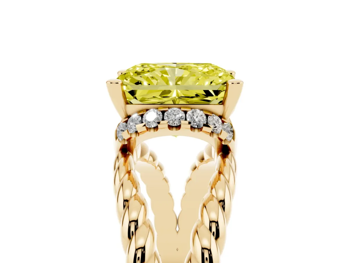 Fancy Yellow Radiant Cut Halo Twisted Band Four-Prong Ring Yellow gold