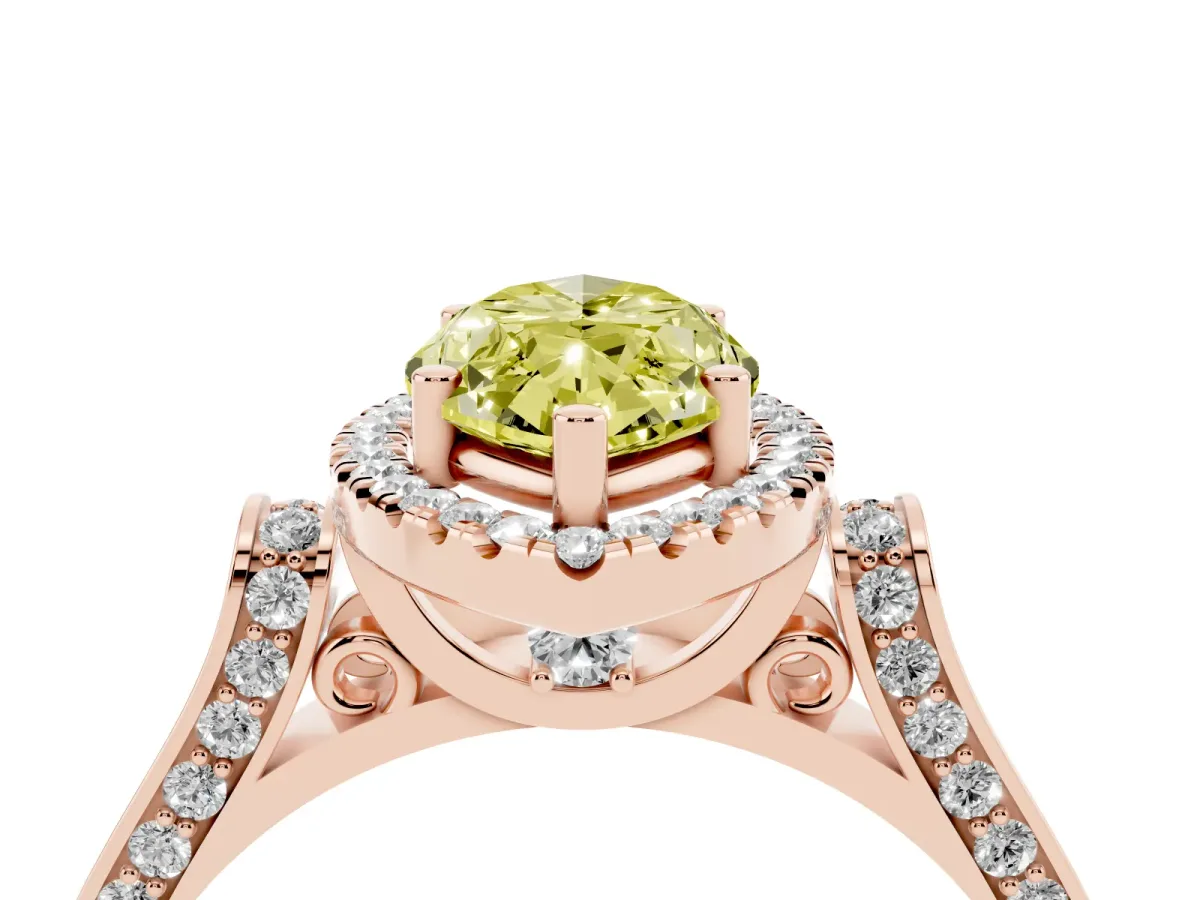 Fancy Yellow Marquise Cut Halo Round Diamond Twist Band with Four-Prong Setting Rose gold