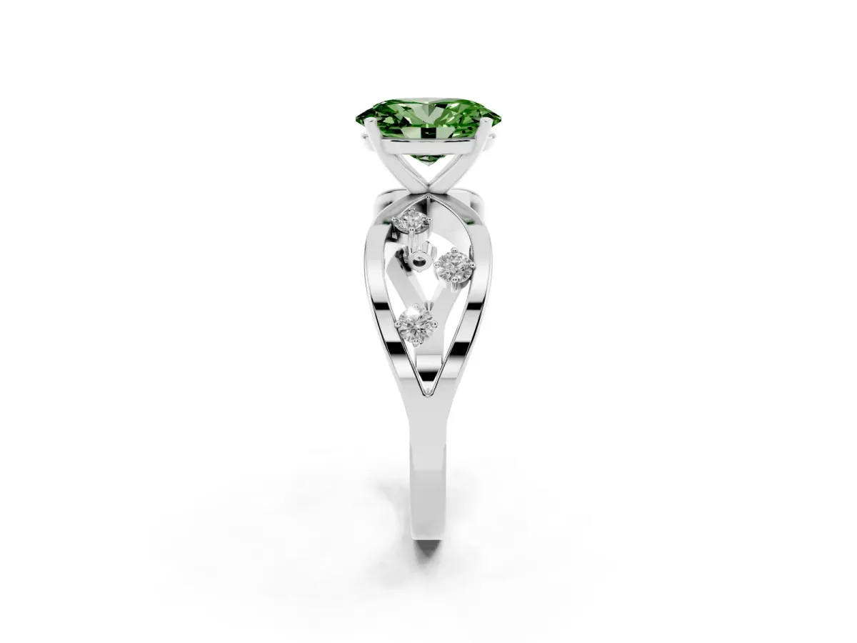 Fancy Green Oval Cut Cut Solitaire Diamond with Side Stones on Criss-Cross Band and Four-Prong Setting Silver