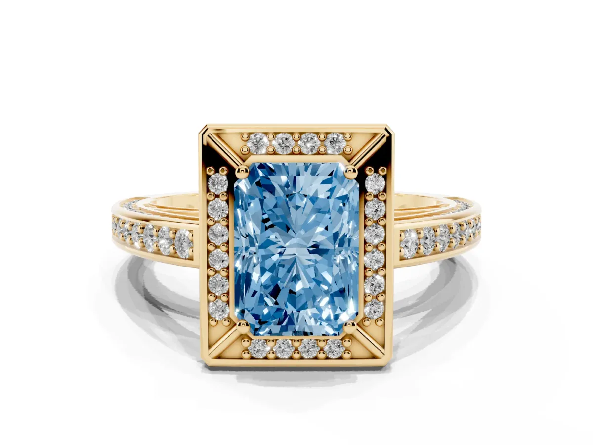 Fancy Blue Radiant Cut Cut Halo Pave Split Shank Prong Setting Ring Yellow gold