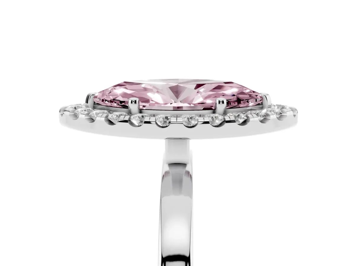 Fancy Pink Marquise Cut Halo Diamond Solitaire with Pavé Band and Four-Prong Setting White gold